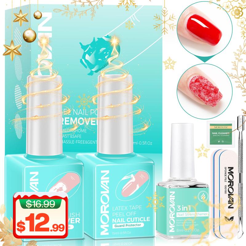 Morovan Gel Polish Remover Kit with Latex Tape Peel Off Liquid with Cuticle Pusher Peeler Cuticle Oil Nail File Cleaner Quick & Easy No Need Soakin