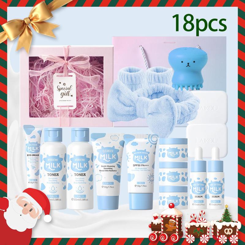 Milk Skincare Set, 1 Set Moisturizing Facial Cleanser & Eye Cream & Sunscreen & Lotion & Essence & Toner & Soap & Wash Tool & Brush & Gift Box