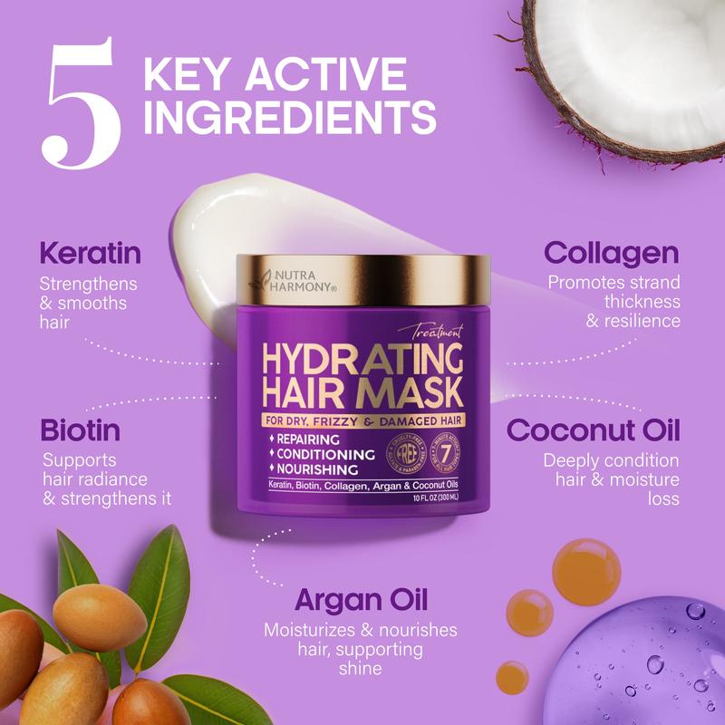 Hydrating Hair Mask for Damaged Hair with Keratin, Biotin, Argan & Coconut Oil for Deep Conditioning for Dry, Frizzy & Colored Hair - For All Hair Types - Sulfate & Paraben-Free - 10 FL OZ