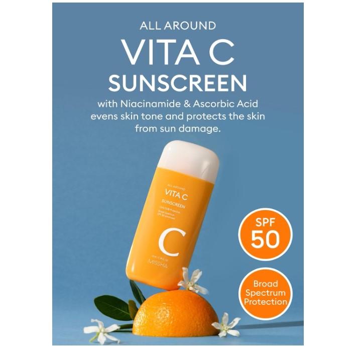 MISSHA All Around Vita C Sunscreen SPF 50 2.36 Fl Oz - Korean Sunscreen for face with Vitamin C for Lively Glow, Lightweight, Non-Sticky, Sebum Control