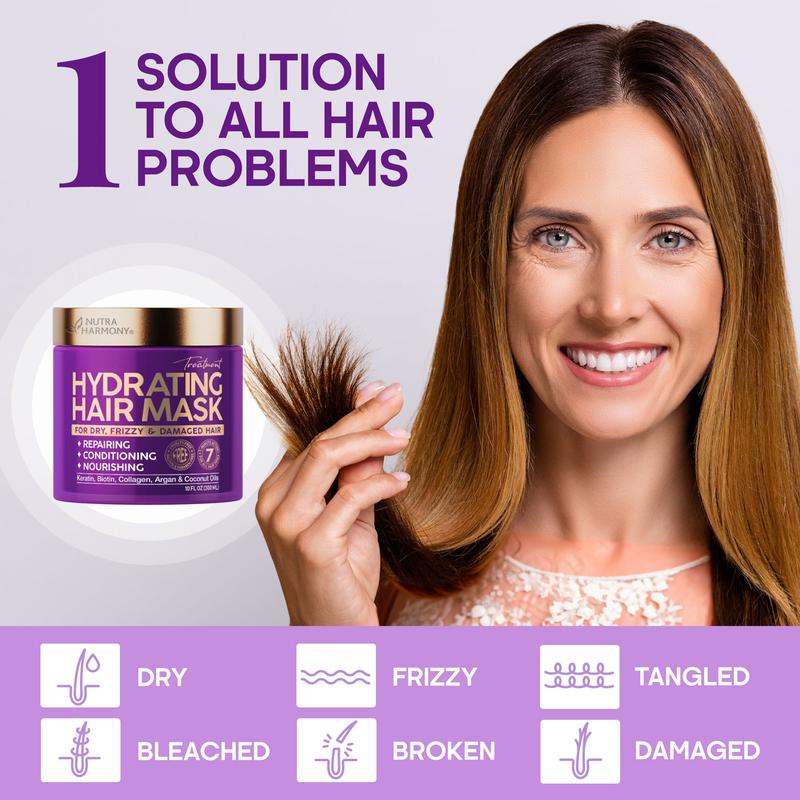 Hydrating Hair Mask for Damaged Hair with Keratin, Biotin, Argan & Coconut Oil for Deep Conditioning for Dry, Frizzy & Colored Hair - For All Hair Types - Sulfate & Paraben-Free - 10 FL OZ